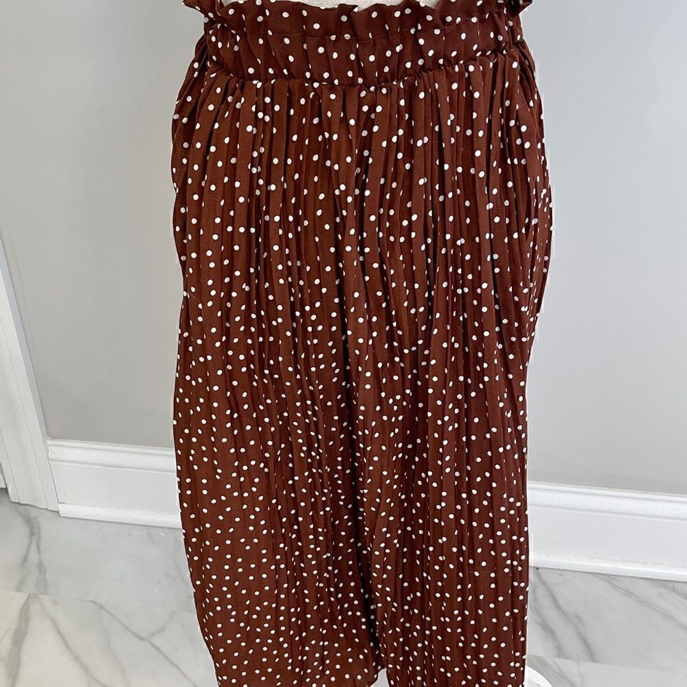 Brown and white polka dot ankle length skirt. Flowy - Picture 3 of 4